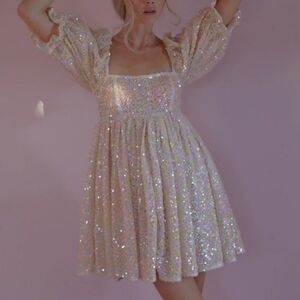 Selkie The Rainbow Sparkling Sequin Puff Sleeve Dress